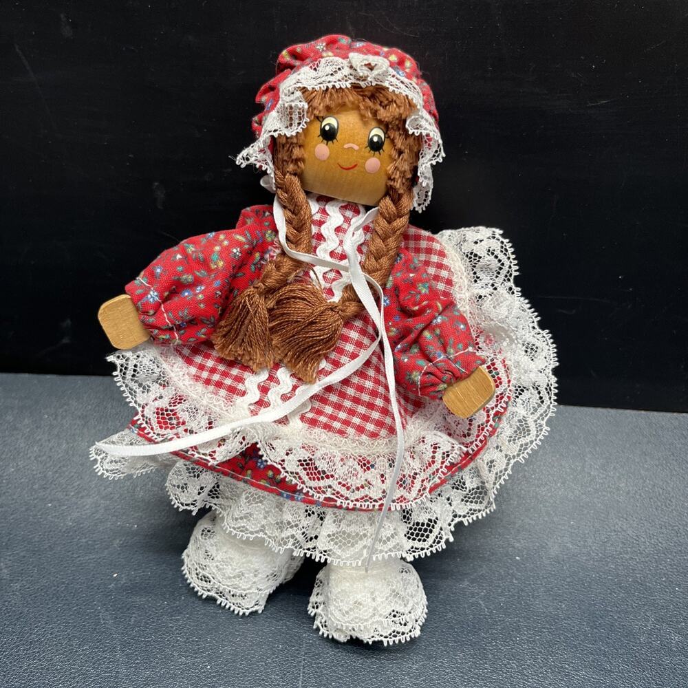 Wood Clothespin Doll Prairie Dress Painted Face Bead Head Handmade Craft Doll 6”